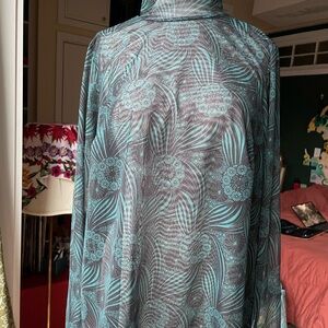 Abstract Patterned Turquoise and Gray Sheer Top